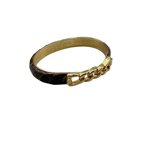 Vintage Brown Snakeskin Bracelet Gold Plated Chain Style 80s 90s Costume Jewelry - Picture 1 of 7